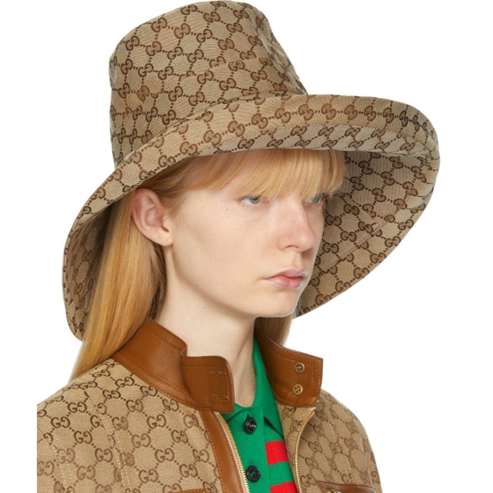 Monogram Bucket Hat Wide Large Brim Beige Canvas Jacquard Sun Tan Coverage New - Picture 9 of 16
